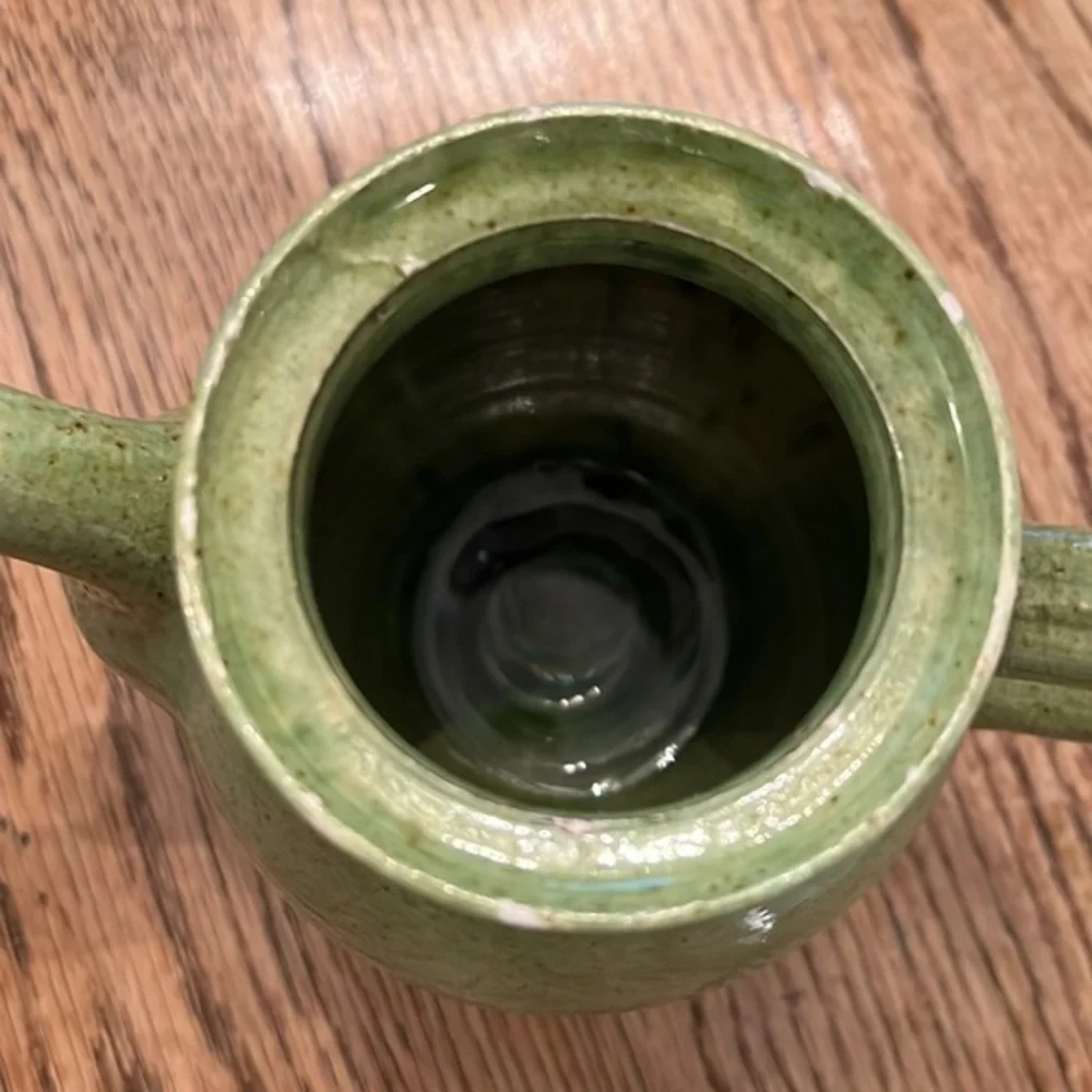 VINTAGE CERAMIC MATCHA GREEN AND SPECKLE BROWN TEAPOT WITH HANDLE AND LID